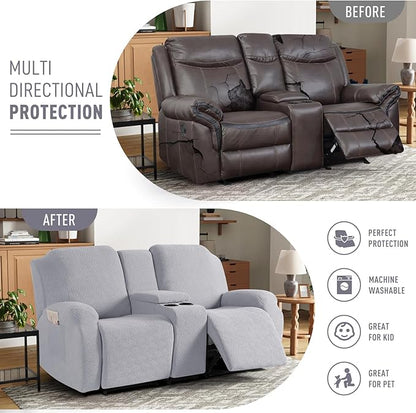 KinCam Loveseat Recliner Covers with Middle Console Slipcover, Recliner Sofa Covers 2 Seat Couch Cover Stripe Jacquard Furniture Protector Covers with Elastic Bottom for Kids, Pets (Silver Gray)