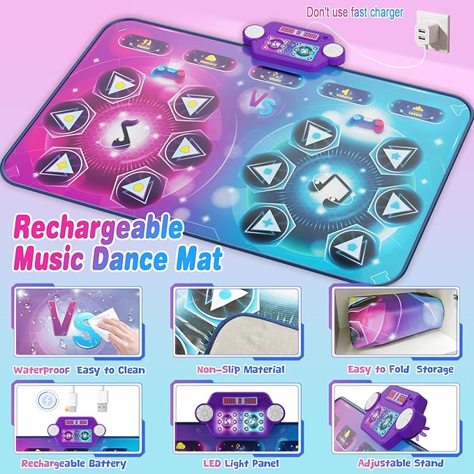 maysida Rechargeable Dance Mat - Double User Play Mat with Extra Large Size (59*38 in), Dancing Music, Challenge Game, Piano Mode, LED Lights, Christmas Birthday Gift for Kids Girls Boys 3-12 Year Old