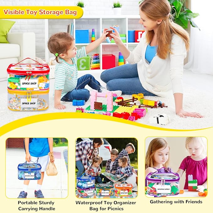 Tesuko 6 Pack Clear Toy Storage Bag with Name Tag& Manual Pocket, Waterproof Transparent PVC Toy Organizer Case for Lego Bricks, Board Games, Building Blocks, Puzzles (Large Capacity, Colorful)