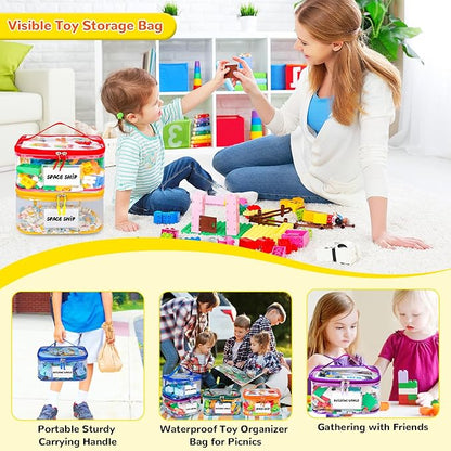 Tesuko 6 Pack Clear Toy Storage Bag with Name Tag& Manual Pocket, Waterproof Transparent PVC Toy Organizer Case for Lego Bricks, Board Games, Building Blocks, Puzzles (Large Capacity, Colorful)