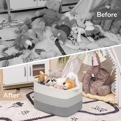 Goodpick Large Woven Basket, Rectangle Rope Storage Baskets for Organizing, Blanket Basket with Handles for Living Room, Nursery, Gradient Gray, 18 x 14 x 12 Inches
