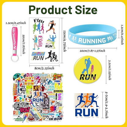 98 PCS Running Party Favors, Running Temporary Tattoos Badges Stickers Silicone Bracelets Keychains for Running Marathon Sport Birthday Party Decorations Supplies Gifts for Runners Kids Teens