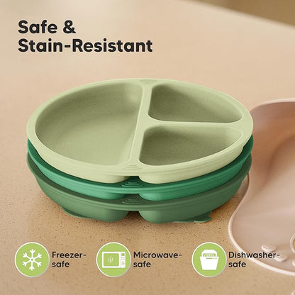 KeaBabies Suction Plates for Baby, Toddler - 3-Pack 100% Silicone Toddler Plates, Divided Baby Plates with Suction, Silicone Plates for Baby, Kids, BPA-Free, Microwave, Dishwasher Safe (Forest)