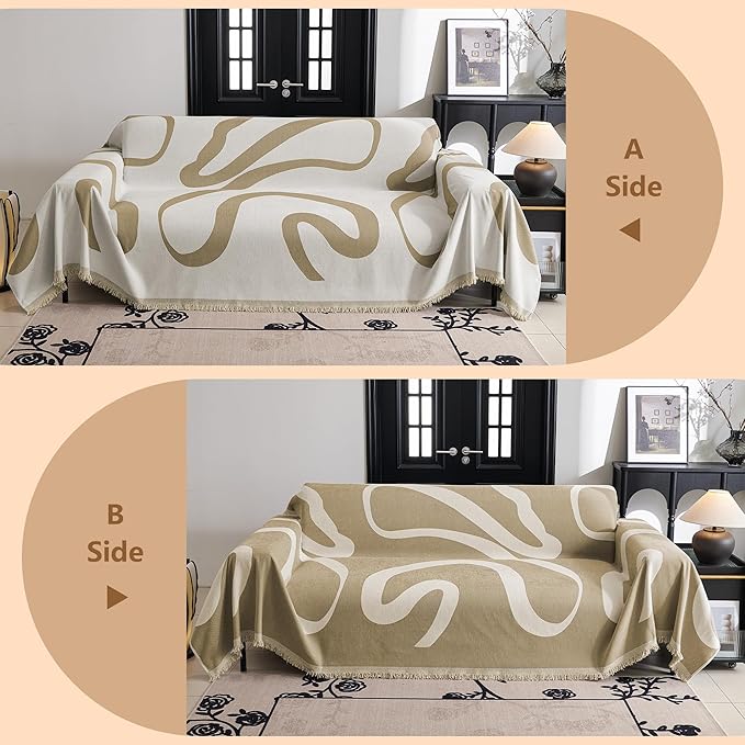 MYSKY HOME Boho Couch Cover Super Soft Couch Covers for 2-3 Cushion Couch Sofa, Modern Khaki Jacquard Sofa Slipcover Loveseat Futon Cover, Couch Covers for Sectional Sofa, 71" x 134", Khaki Curve