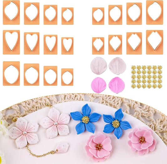 Puocaon Petal Polymer Clay Cutters - 20 Pcs Petal Clay Cutters for Polymer Clay Earrings, 30 Pcs Pistil Brass Charms 4 Petal Texture Clay Molds for Polymer Clay Jewelry, Flower Clay Jewelry Supplies