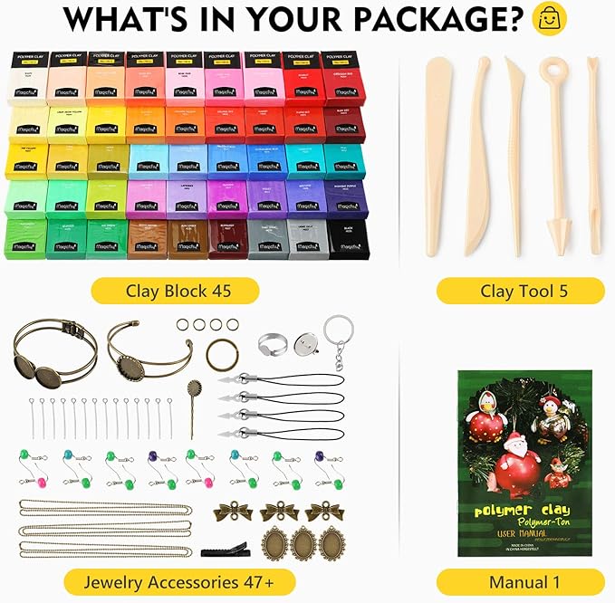 Magicfly Polymer Clay Starter Kit, 45 Colors Oven Bake Clay with 5 Modeling Tools and 40 Jewelry Accessories, Safe and Nontoxic DIY Baking Clay Blocks