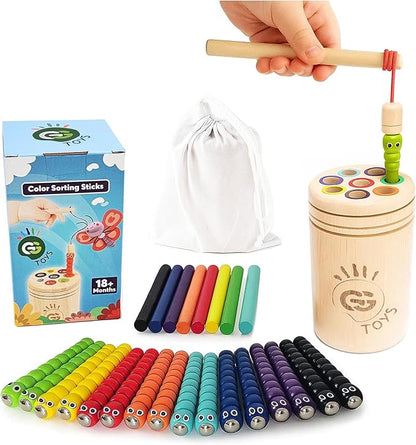 Montessori 3-in-1 Magnetic Fishing and Color Sorting Toys, Wooden Educational Toy for Ages 18 Months to 4 Years, Fine Motor Skills Learning Playset, Sensory Preschool for Toddlers, Boys, Girls