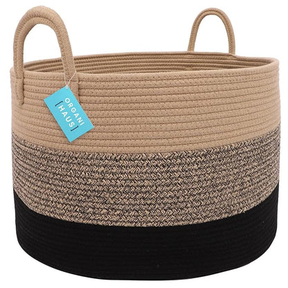 OrganiHaus Large Woven Storage Basket for Blankets and Toys 20" x 13" Inch, Rope Laundry Basket with Handles, Cushions & Pillows Storage Bin, Nursery Hamper, Soft Round Dog Toy Bin - Brown/Black