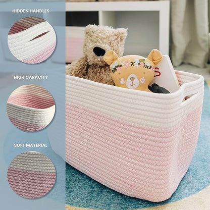 OrganiHaus Cotton Rope Basket for Shelf - Woven Storage Basket for Organizing, Closet & Toy Storage - Pink/Off-White - 15x9x10