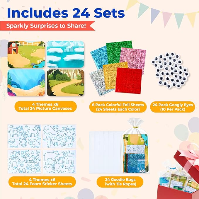 JoyCat 24 Pack Foil Craft Party Favors,No Mess Arts and Crafts for Kids,Goodie Bag Stuffers,DIY Creative Activity,Birthday Present for Girls Boys 4 5 6 7 8 9 Years Old(Animal)