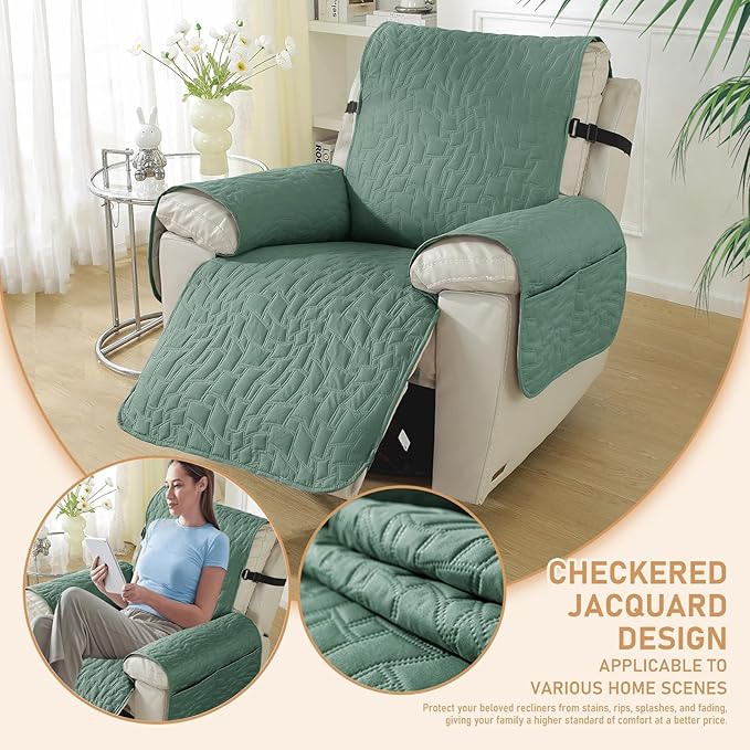 100% Waterproof Recliner Chair Covers for Reclining Chair, Small Recliner Covers That Stay in Place, Non-Slip Recliner Armchair Cover with Pockets for Kids, Pets, Dogs, Cat, Washable,Green,23I