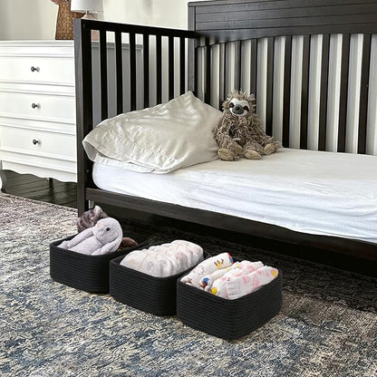 Goodpick Storage Baskets, Rope Shelf Basket Small Baskets for Gifts Empty Storage Baskets for Organizing Toy Baskets Storage Kids Storage Bins Woven Baskets 3 Pack, Black, 13 x 8 x 5 in