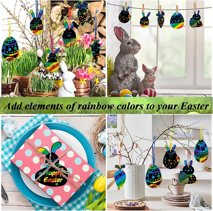 48 Pcs Easter Scratch Crafts for Kids, Rabbit Bunny Carrot Easter Egg Rainbow Scratch Paper Ornaments with Wooden Stick and Ribbon for Easter Party Favors