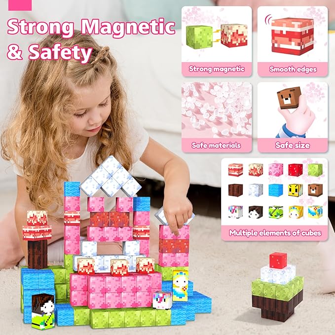 Feoxialy Magnetic Blocks for Kids Ages 3-5,54pcs Candy Magnetic Building Blocks Pink Magnet Cubes Sensory Creative Learning Toys Gifts for Toddlers Ages 4-8 5 6 7+Year Old Girls Birthday Christmas