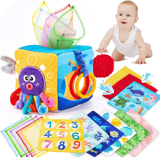 hahaland Baby Tissue Box Toy - Baby Toys 6-12 Months Montessori Toys for 6 Month Old with Textured Tails, Crinkle Tissues, Squeaky, Mirror, Play Silks Sensoy Scarves Baby Gifts 9 Month Old Travel Toys