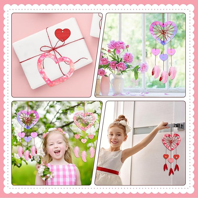 Fennoral 18 Pack Heart Dream Catcher Craft Kit for Kids Paint You Own Love Heart Dream Catcher DIY Coloring Mother's Day Wooden Art and Craft for Art Activity Project Valentine's Day Decoration
