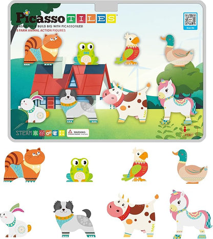PicassoTiles Magnet Tile Building Blocks 8 Magnetic Farm Animal Action Figures Characters Construction Tiles Compatible Pretend Play Preschool Toy STEM Education Learning Girls Boys Ages 3+ PTA27