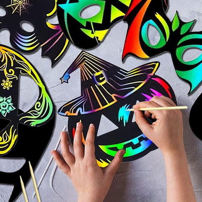 36PCS Halloween Scratch Masks, DIY Rainbow Scratch Paper Mask Art Craft Kit with Bamboo Stylus & Elastic Bands for Magic Scratch Party Favors, Birthday Gifts Pack, Halloween Party for kids