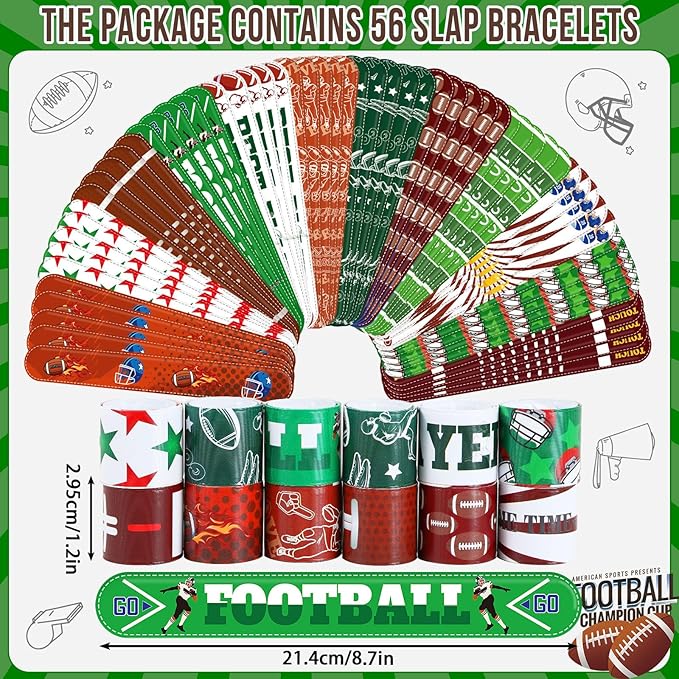 JUNEBRUSHS 56Pcs Football Party Favors Slap Bracelets, Football Sports Bracelets for Kids Sports Themed Birthday Party Supplies Decorations Snap Bracelet Wristband for Boys Gifts Classroom Prize