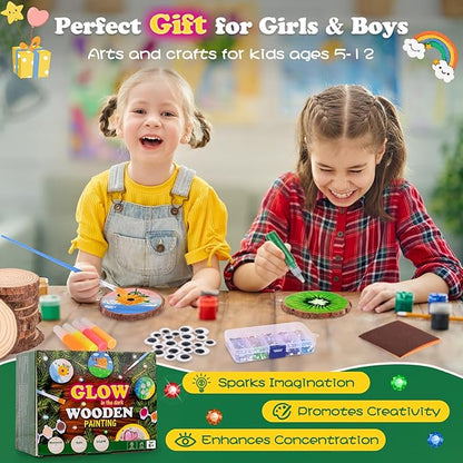 Glow in The Dark Wood Painting Kit - Arts and Crafts for Kids Ages 5-12, Gifts for Girls Boys Birthday Christmas, Girls Toys 5 6 7 8 9 10 11 12 Year Old, Art Supplies Party Activities