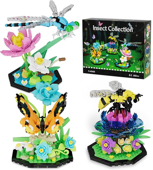 Ideas Insect Collection Building Set, with Life-Size Lotus Dragonfly Butterfly Bee Flowers Display Models, Bug Building Toys Home Decor for Adults Boys Girls Nature Lovers 6+