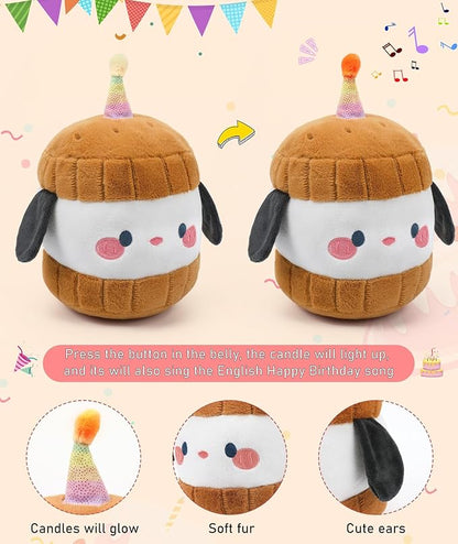Dog Plush Birthday Stuffed Animal - Birthday Cake Stuffed Doll, Cute Sandwich Dog with Glowing Candle, Party Decorations, Kids' Gifts, 11 Inch