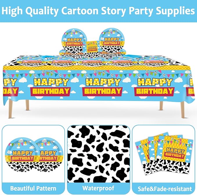 Cartoon Story Birthday Party Supplies Cow Print Party Tableware Includes Cartoon Story Party Plates Napkins Fork and Blue Sky White Clouds Tablecloth for Baby Show Parties Decorations Set Serve 20