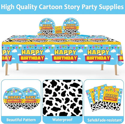 Cartoon Story Birthday Party Supplies Cow Print Party Tableware Includes Cartoon Story Party Plates Napkins Fork and Blue Sky White Clouds Tablecloth for Baby Show Parties Decorations Set Serve 20