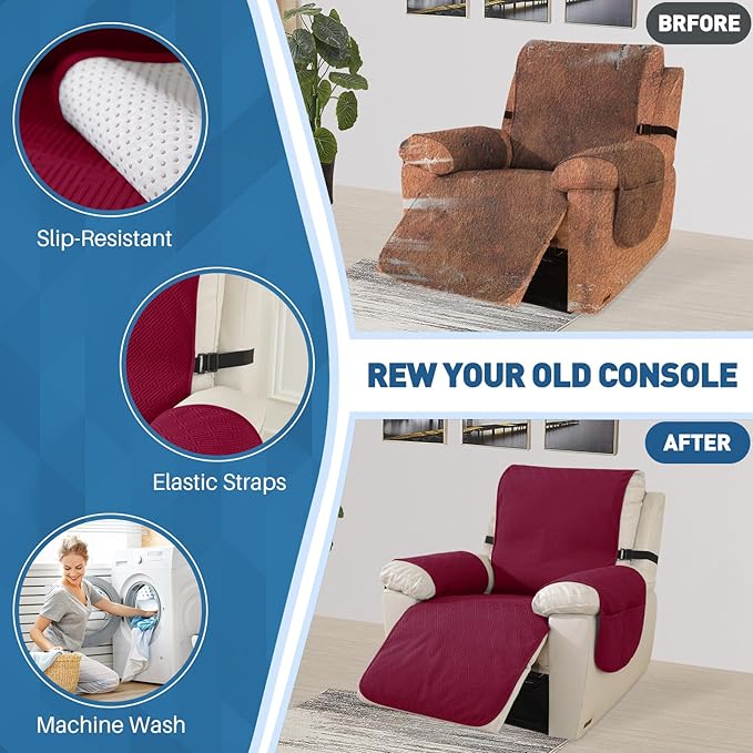 Easehomey Waterproof Recliner Chair Cover, Non-Slip Recliner Cover with Elastic Straps Two Pockets Slipcover Washable Oversized Reclining Chair Cover Furniture Protector for Kids,Pets (Wine Red, 28")