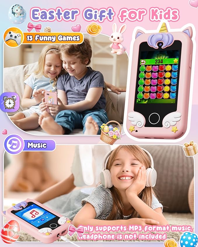 UCIDCI Unicorn Kids Smart Phone Toys for Girls Ages 3-7 with Dual Camera - Toddler Phone with Learning Games, Travel Toys with MP3 Music Player for Christmas, Birthday Gifts for 3 4 5 6 7 Year Old