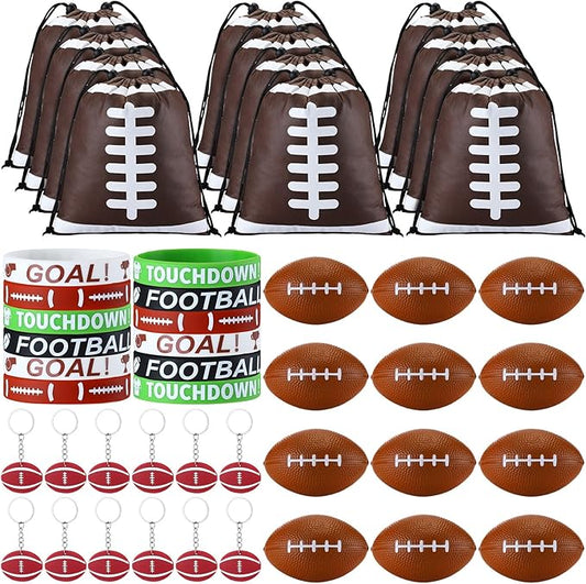 Nuogo 48 Pcs Football Party Favors Supplies Include 12 Pcs Football Goodie Bags 12 Pcs Football Bracelets 12 Pcs Football Stress Balls 12 Pcs Mini Football Keychain Birthday School Sport