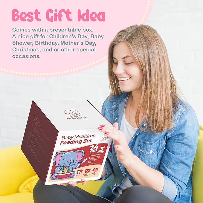 24 Pack Silicone Baby Feeding Set - 6+ Months Food Grade Baby Feeding Essentials | Silicone Bibs, Baby Bowls and Plates, 3 in 1 Baby Sippy Cup, Spoons and Fork Set | Free of BPA/PVC/Lead/Phthalate