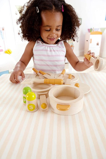 Hape Gourmet Play Kitchen Starter Accessories Wooden Play Set| 13 PCs Pretend Cookware Plates Dishes Play Kitchen Sets for Kids