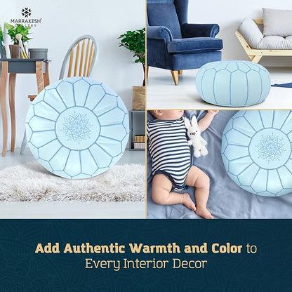 Marrakesh Gallery Genuine Leather Round Pouf Unstuffed - Moroccan Ottoman Footstool, Footrest Cover - Boho Decor - Bohemian Living Room, Bedroom, Kids Room, Gift & Wedding