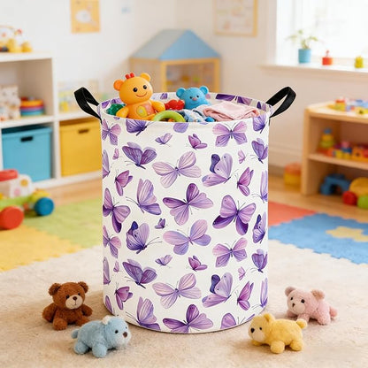 Butterfly hamper,Purple Laundry Basket,Baby Nursery Hamper,Waterproof foldable girls toy storage box,Dirty Clothes Hampers,Flower house decor(Purple Butterflies)