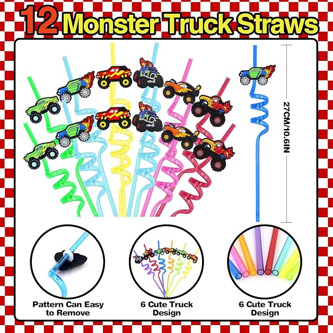 110 PCS Monster Truck Party Favors Birthday Supplies with Drinking Straws, Silicone Bracelets, Bubble Wands, Keychains, and Monster Truck Pinata for Boys Goodie Bag Stuffers