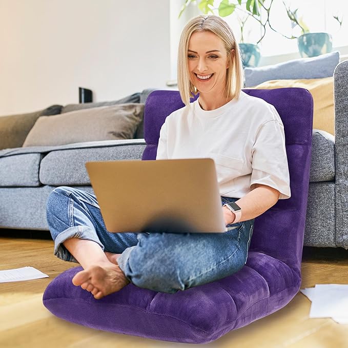 Folding Floor Chair 14-Position Cushioned Adjustable Floor Lazy Sofa Chair w/Breathable Cotton & Skin-Friendly Flannel for Adults & Kids Ideal for Reading Meditating, Purple