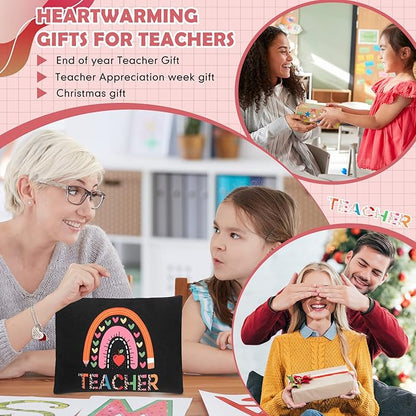 8 Pcs Teacher Appreciation Gift Set for Women, 4 Teacher Makeup Pouch Cosmetic Bags and 4 Bangle Bracelets, Christmas Valentines Thank You Gifts for Teacher (Rainbow Style)