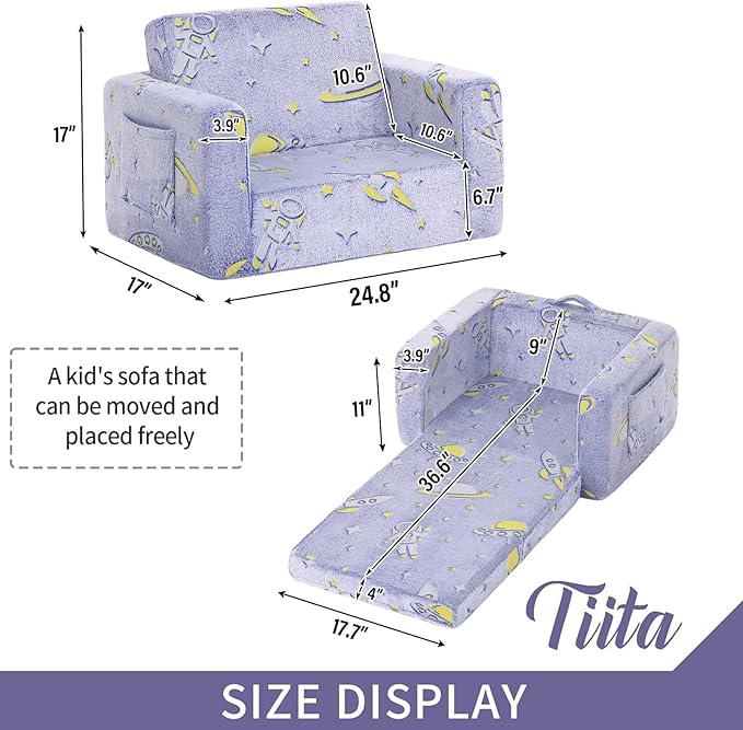 Tiita Kids Sofa, 2-in-1 Kids Sofa Chair, Convertible Children Couch to Lounger, Flip Out Kids Sofa Chair, Toddler Armrest Chair Bed, Folding Kids Play Sofa for Girl or Boy(Blue Astronauts)
