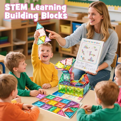 WMXDU Large Pastel Magnetic Tiles - 48 Pcs Macaron-Colored Glitter Magnetic Blocks with Travel Metal Storage Box - Diamond STEM Toys for Girls Ages 3-8 - Portable Sensory Building Set for Kids
