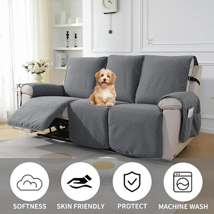 SYSLOON Water Resistant Recliner Chair Covers 3 Piceces,Heavy Duty Non Slip Recliner Chair Cover, Washable Recliner Chair Cover,Living Room Recliner Cover with Pocket for Kids and Pets,Light Grey