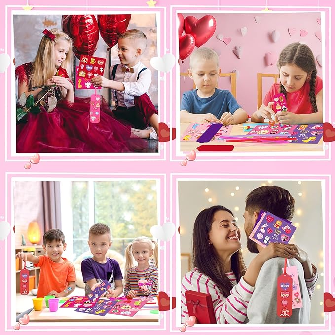 JUNEBRUSHS 30 Pack Valentines Crafts for Kids, Valentine's Day Bookmarks Craft Kits with Assorted Hearts Animal Stickers for Kids Classroom Game Activities Valentines Day Gift Exchange