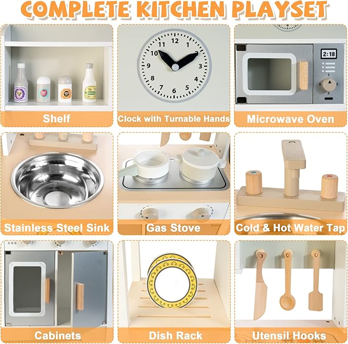 Wooden Kitchen Set for Kids, Realistic Pretend Play Kitchen Utensils Encourage Interaction for Toddlers, Simulated Kitchen Toys Set for Boys Girls Age 3+