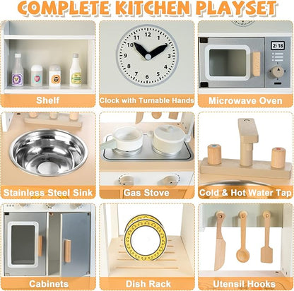 Wooden Kitchen Set for Kids, Realistic Pretend Play Kitchen Utensils Encourage Interaction for Toddlers, Simulated Kitchen Toys Set for Boys Girls Age 3+