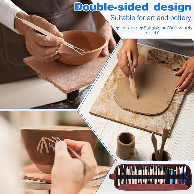 43 Pcs Pottery Tools for Sculpting Double Sided Ceramic Clay Carving Tool Set with Carrying Case Bag Polymer Clay Tools Kit for Trimming, Beginners, Pros, Adults, Supplies