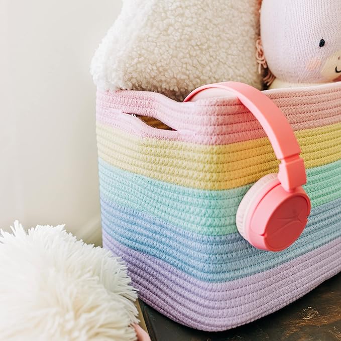 OrganiHaus Pastel Rainbow Basket - Colorful Woven Storage Basket for Playroom, Nursery & Classroom Decor & Toy Storage, 15x9x10