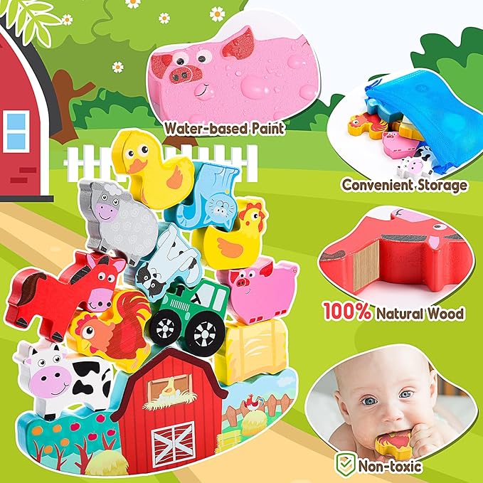 Montessori Toys for Kids 3-7 Wooden Farm Animal Blocks Stacking Games Toy for 3 4 5 6 Year Old Girls Boys Birthday Gifts Toddler Educational Toys Balance Game for Boy Girl Age 2-4