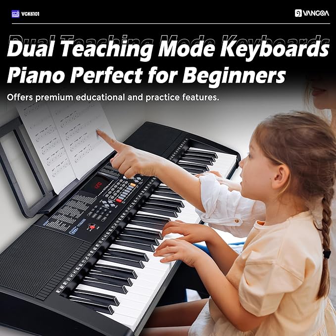 Vangoa 61 Key Keyboard Piano, Light-Up Electric Piano Keyboard Kit with 600 Voices, 400 Rhythms with Piano Stand, Microphone, Recording/USB, Gift for Beginners, Black (VGK6101)