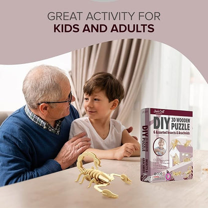 Hands Craft DIY 3D Wooden Puzzle – 6 Assorted Insects & Arachnids Bundle Pack Brain Teaser Puzzles Educational STEM Toy Adults and Kids to Build Safe and Non-Toxic Easy Punch Out Premium Wood JP2B9