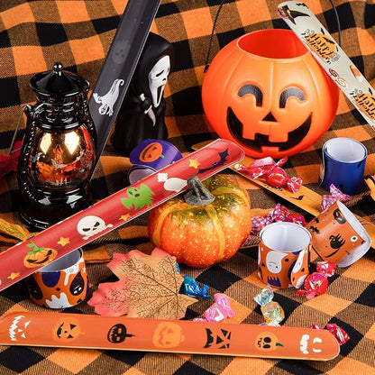 LovesTown Halloween Slap Bracelets, 48PCS Kids Slap Wristbands Snap Bracelets Ghost Jack o Lantern Bat Spider for Halloween Party Goodie Bag Fillers